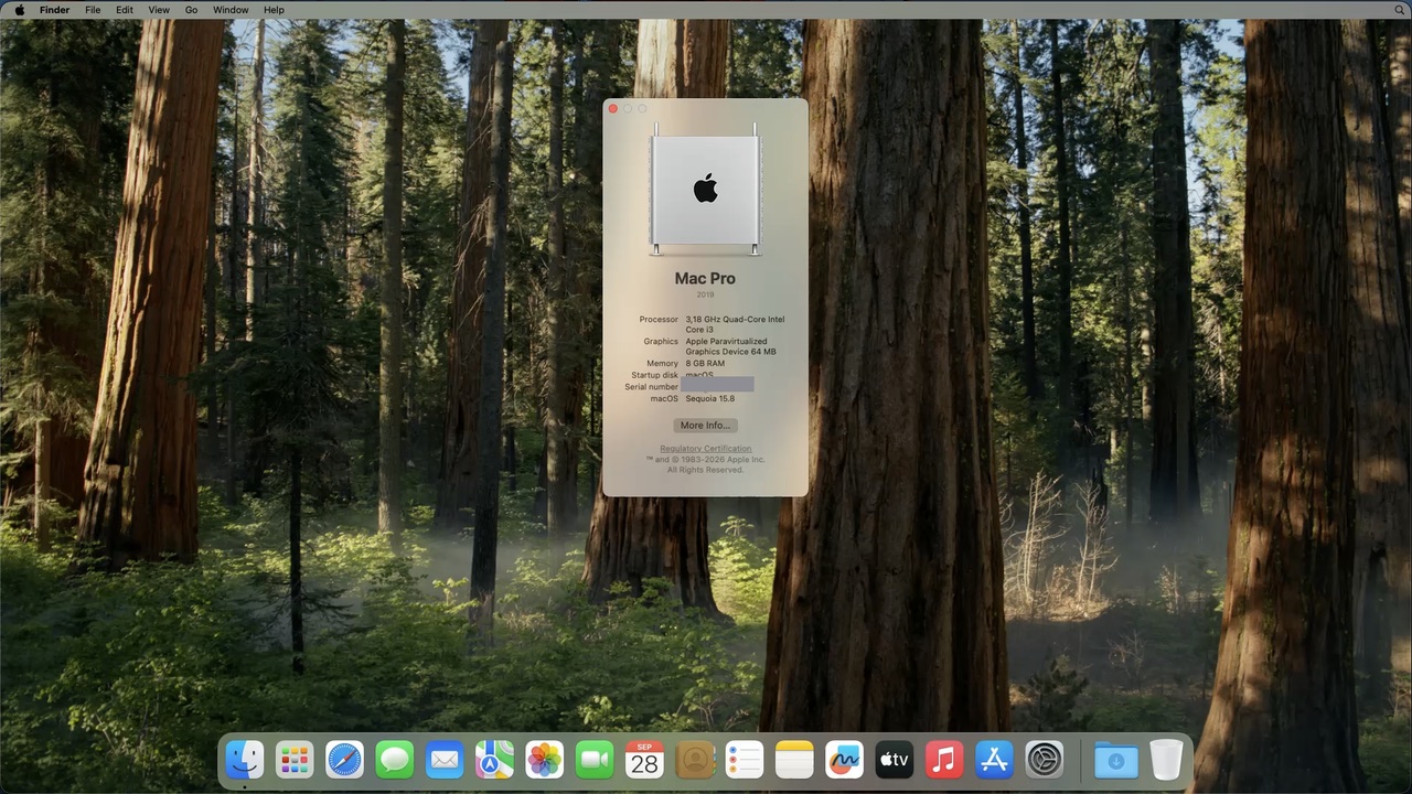 macOS Sequoia 15.8 desktop in a vGPU OS VM, with About This Mac open: Mac Pro 2019, Apple Paravirtualized Graphics Device 64 MB graphics and 8 GB of memory. Serial number hidden.